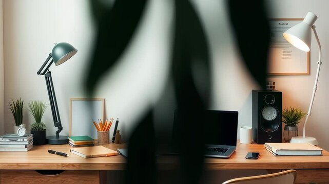 Clean desk setup with laptop and plant creative workspace video