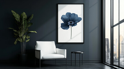 Elegant Armchair Scene with Framed Wall Art and Blue Blossoms