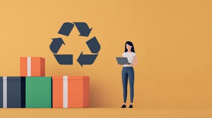 net zero with carbon impact concept. Woman with tablet near colorful boxes and recycling symbol on wall.