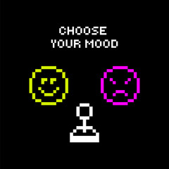 Pixel Art Sticker. Choose Your Mood Caption with Game Controller and Emoji Faces. Funny Retro Gaming Mood Design. Joystick Emotions Illustration. Futuristic 90s style. Geometric simple aethtetic