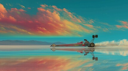Top fuel dragster racing car on sunlit salt desert with clear sky