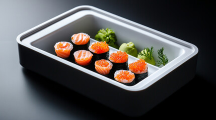 Sushi Assortment in White Bento Box with Salmon and Avocado Rolls on Black Surface