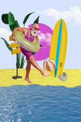 Composite sketch 3D photo collage of aged man funny hold lifesaver ring walk sea fashion swimwear...