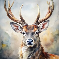 Wildlife forest animal illustration - Watercolor painting of deer stag head with antlers, design for logo or t shirt, isolated on white background