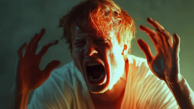 A man is shouting and throwing up his arms in desperation
