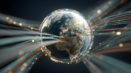 Futuristic 3D rendering of planet Earth with glowing light trails representing the global data network and high-speed internet connectivity