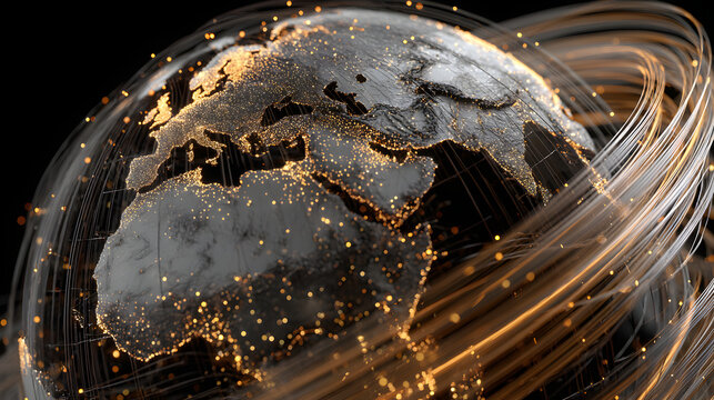 Abstract Global Network Dynamic Digital Earth with Glowing Continents and Swirling Light Paths Symbolizing Data Flow, Technology, and Worldwide Connectivity