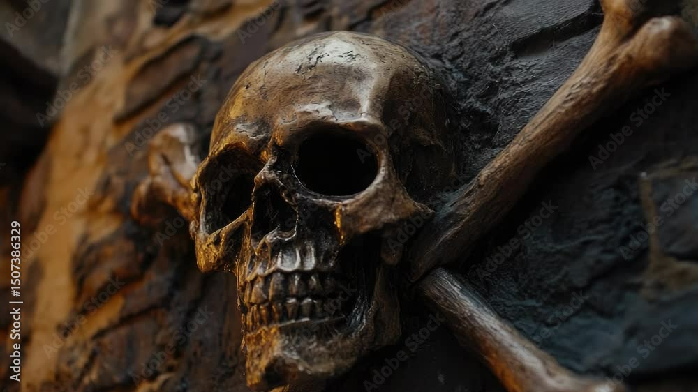 Poster a detailed view of a skull with a crossbones symbol on a wall, often used as a warning or caution si