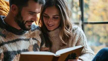 A man and a woman sitting together, reading a book