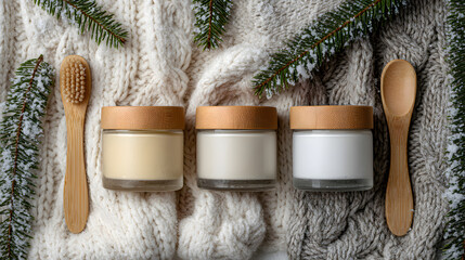 Cozy Winter Skincare Routine Eco-Friendly Jars of Cream and Wooden Accessories Nestled on a Warm Knit Background with Frosty Fir Sprigs