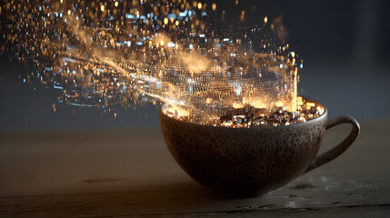 A dynamic explosion of glowing, fiery particles erupting from a rustic coffee cup, symbolizing a powerful burst of morning energy