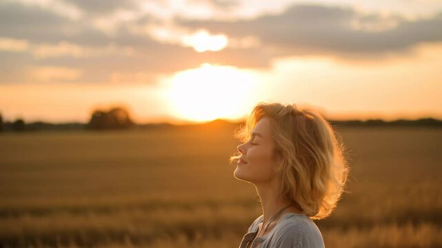 Backlit Portrait of calm happy smiling free woman with closed eyes enjoys a beautiful moment life on the fields at sunset
