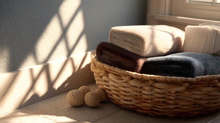 Cozy basket of towels near a sunlit window in a relaxing space
