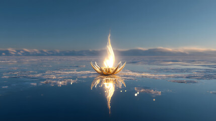A magical golden flame held in a lotus artifact floats on a tranquil, mirror-like lake at sunset, creating an ethereal and spiritual scene