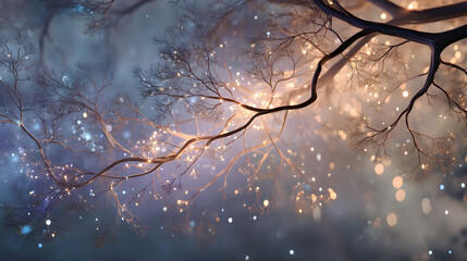 Enchanting ethereal branches adorned with glowing bokeh lights in a dreamy twilight setting