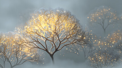 Enchanted Forest Golden Trees Emerging from Mist, Magical Landscape Illustration