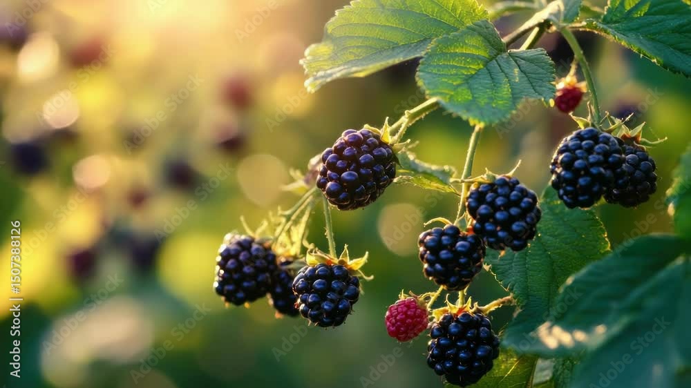 Poster a cluster of juicy blackberries hang from the branch of a tree