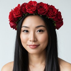 Fototapeta premium An elegant asian woman wearing a vibrant red rose flower crown smiles directly at camera.
