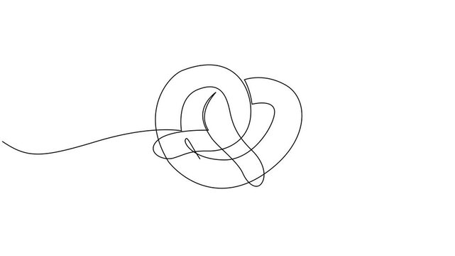 Animated self drawing of single one line drawing pretzels are stacked, Full length one line animation illustration for bakery and pastry store.