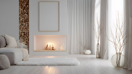 Cozy Minimalist Living Room with Fireplace & Blank Canvas