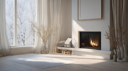 Cozy Living Room with Fireplace and Winter Window View