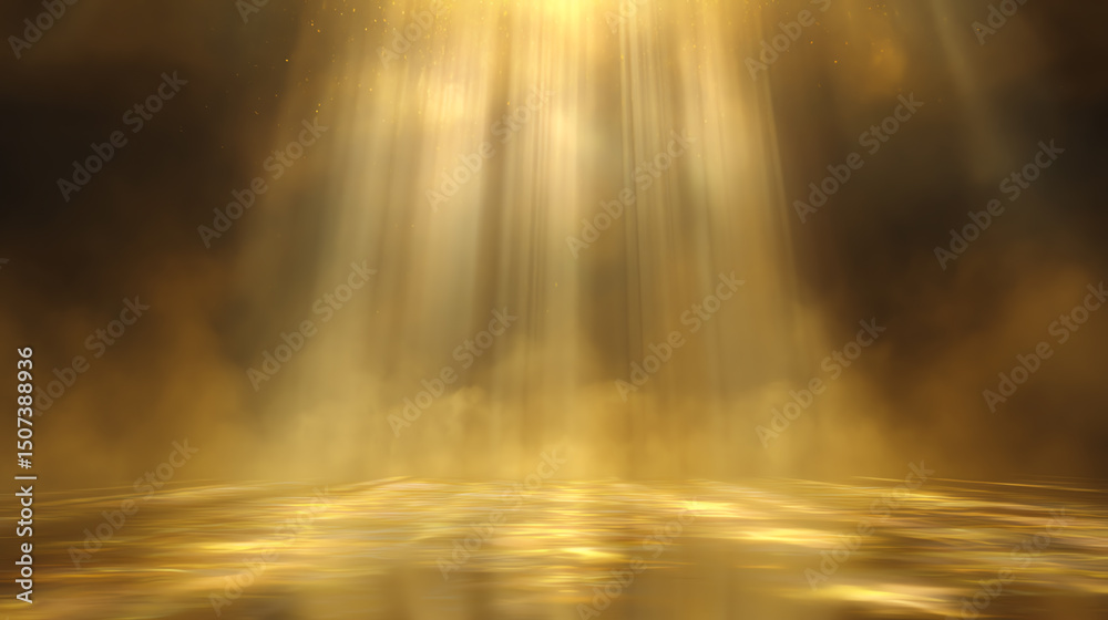 Poster a beautiful golden light cascades through clouds, creating a serene and mystical atmosphere over the