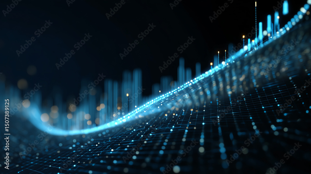 Leinwandbilder A captivating abstract representation of data visualization with glowing blue lines and dots on a dark background, illustrating modern technology.