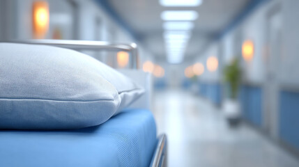 A close-up view of a hospital bed in a serene corridor, symbolizing care and recovery in a modern healthcare environment.