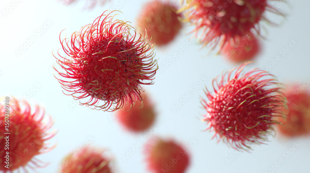 Poster A close-up view of vibrant red microbes floating against a soft background, showcasing intricate textures and shapes.