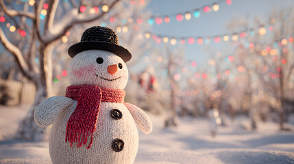 Festive Snowman in Winter Wonderland A Cozy Christmas Scene with Colorful Lights and Snow