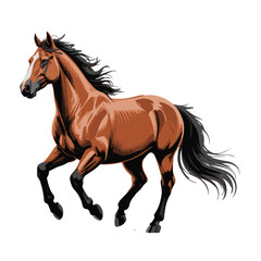 Obraz premium Running Horse: A majestic brown horse with a flowing black mane and tail gallops gracefully. Its powerful muscles and elegant form are beautifully captured in this dynamic illustration.