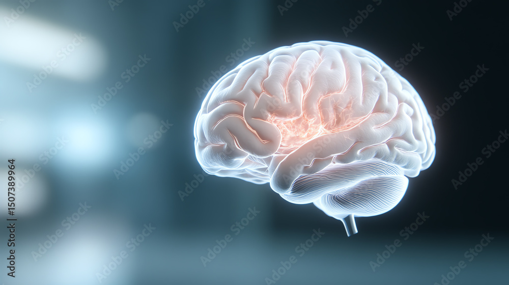 Poster a detailed 3d illustration of a human brain, showcasing intricate neural pathways and structures aga