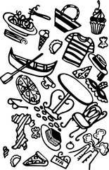 Assorted doodles of food, fashion, and leisure elements in black  