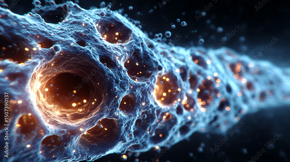Poster A dynamic visualization of cells, showcasing their intricate structure and glowing patterns, highlighting the beauty of microscopic life.