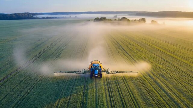 A hyperlapse aerial sequence blue tractor spraying different fields changing times day sunrise sunset. Crops subtly grow change pass. Seamless transitions show multiple weather light moods