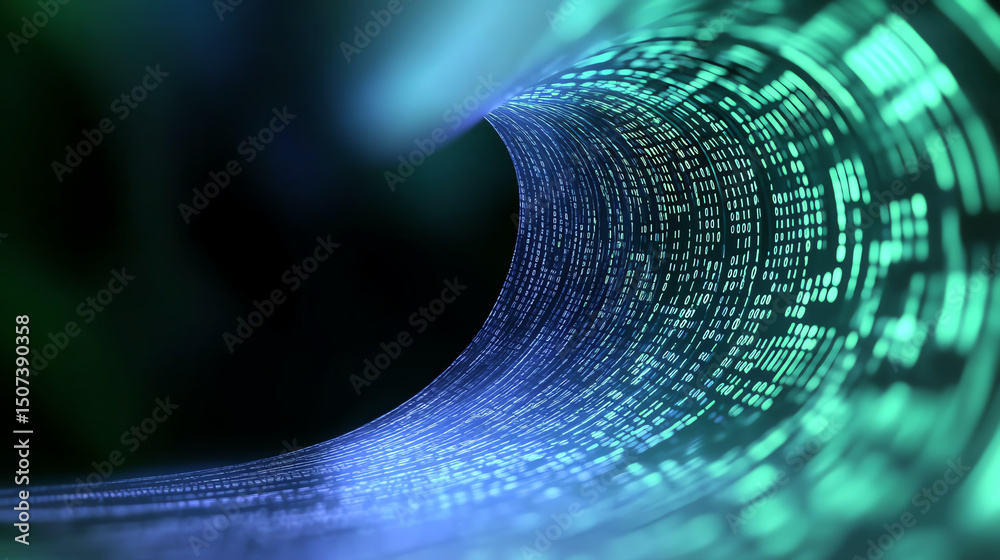 Poster A futuristic tunnel of data, illustrated with flowing binary digits, representing the digital age and technological advancement.