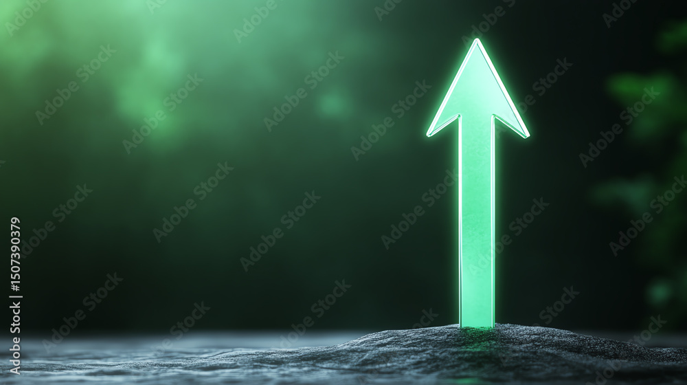 Poster a glowing green arrow pointing upwards, symbolizing progress and advancement in technology against a