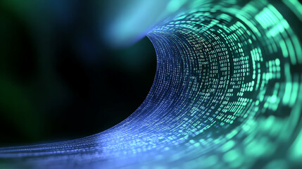 A futuristic tunnel of data, illustrated with flowing binary digits, representing the digital age and technological advancement.