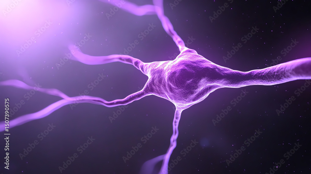 Poster a mesmerizing close-up of a neuron, showcasing its intricate structure and vibrant purple hue, symbo