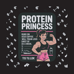 Editable Vector T-shirt Design – “Muscle Queen” Funny Gym Parody with Fake Nutrition Label and Fitness Icons