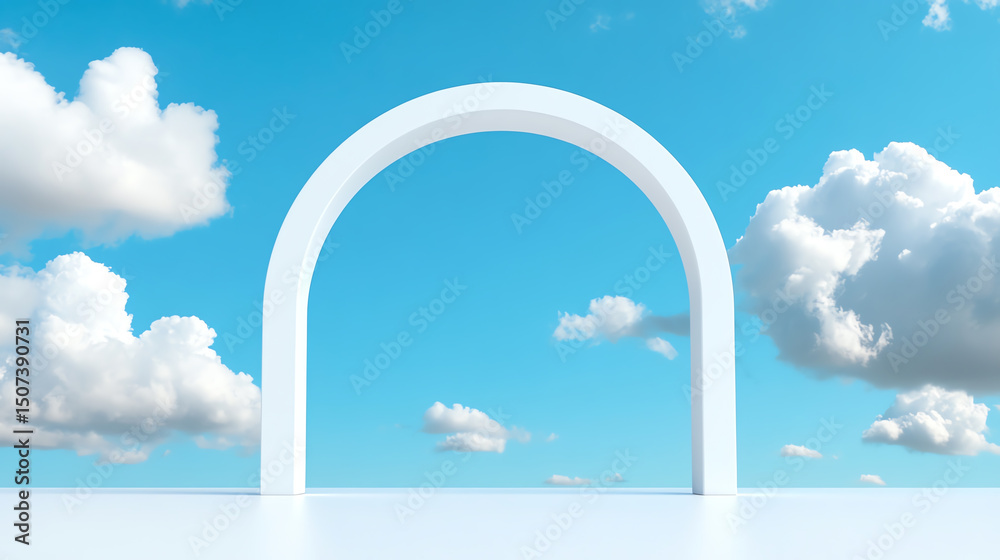 Poster a minimalist architectural arch against a vibrant blue sky with clouds, representing openness and po