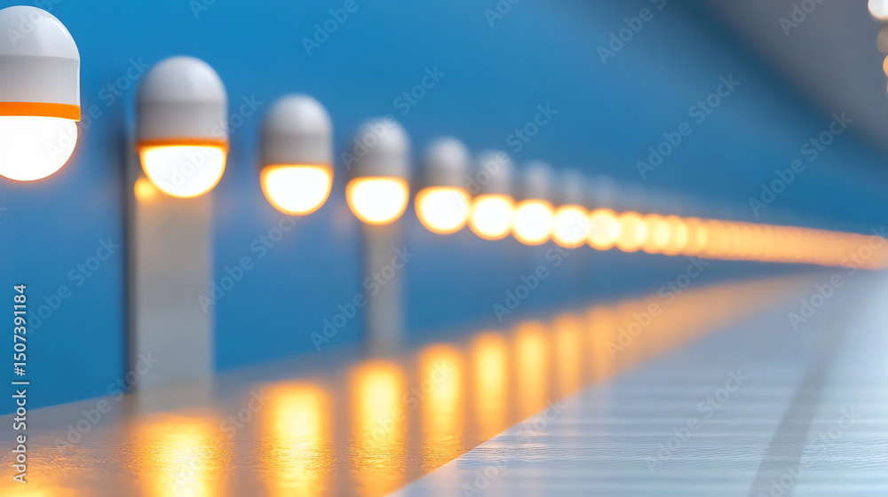 Poster a row of modern lights along a sleek, blue corridor, creating a futuristic and inviting atmosphere i
