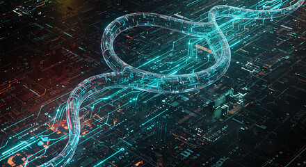 Glowing blue digital snake-like data stream flowing over a complex circuit board, symbolizing cyber information, advanced technology, or a data network.