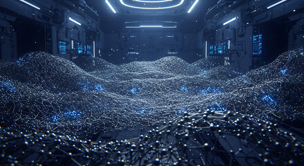Futuristic server room with a wavy, interconnected network of data cables and glowing blue lights, symbolizing complex data processing or advanced computing infrastructure.