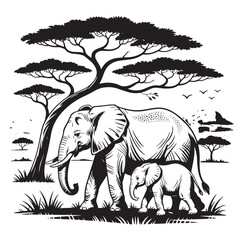 Mother and Baby Elephant in African Savanna – Black and White Vector Illustration © MdRejuyan