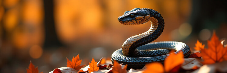majestic intricately pixelated serpent coiled amidst warm autumnal foliage sunlight casting dappled shadows