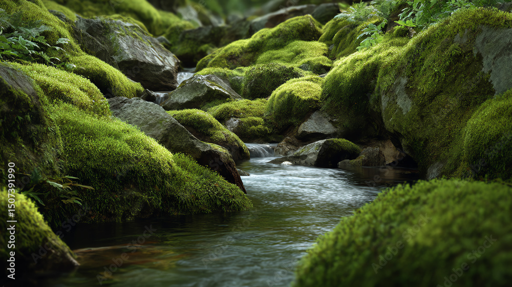 Poster a serene scene of clear water flowing over moss-covered rocks in a lush, green forest, creating a tr
