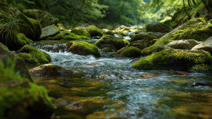 A serene river flowing through lush greenery, with moss-covered rocks and crystal-clear water illuminating a peaceful natural landscape.