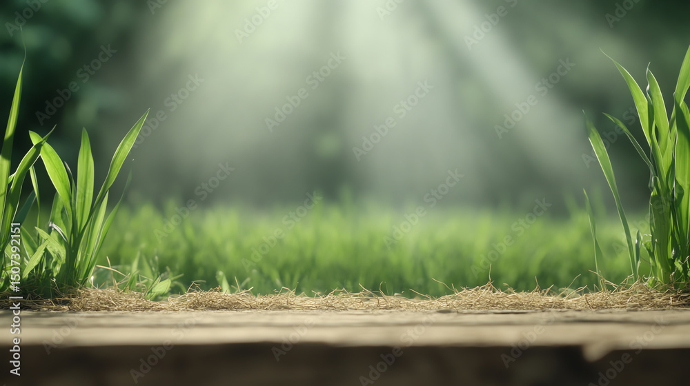 Poster A serene view of fresh green grass illuminated by soft rays of sunlight, creating a peaceful and natural atmosphere.