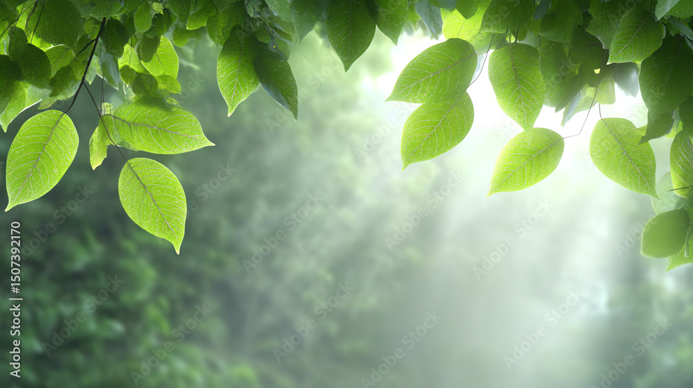 Poster A serene view of green leaves illuminated by soft sunlight, creating a peaceful atmosphere in a lush forest setting.